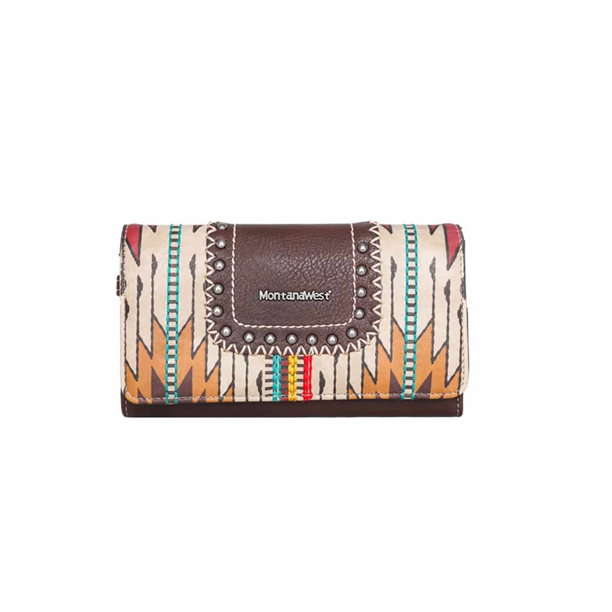 Aztec print brown leather wallet
