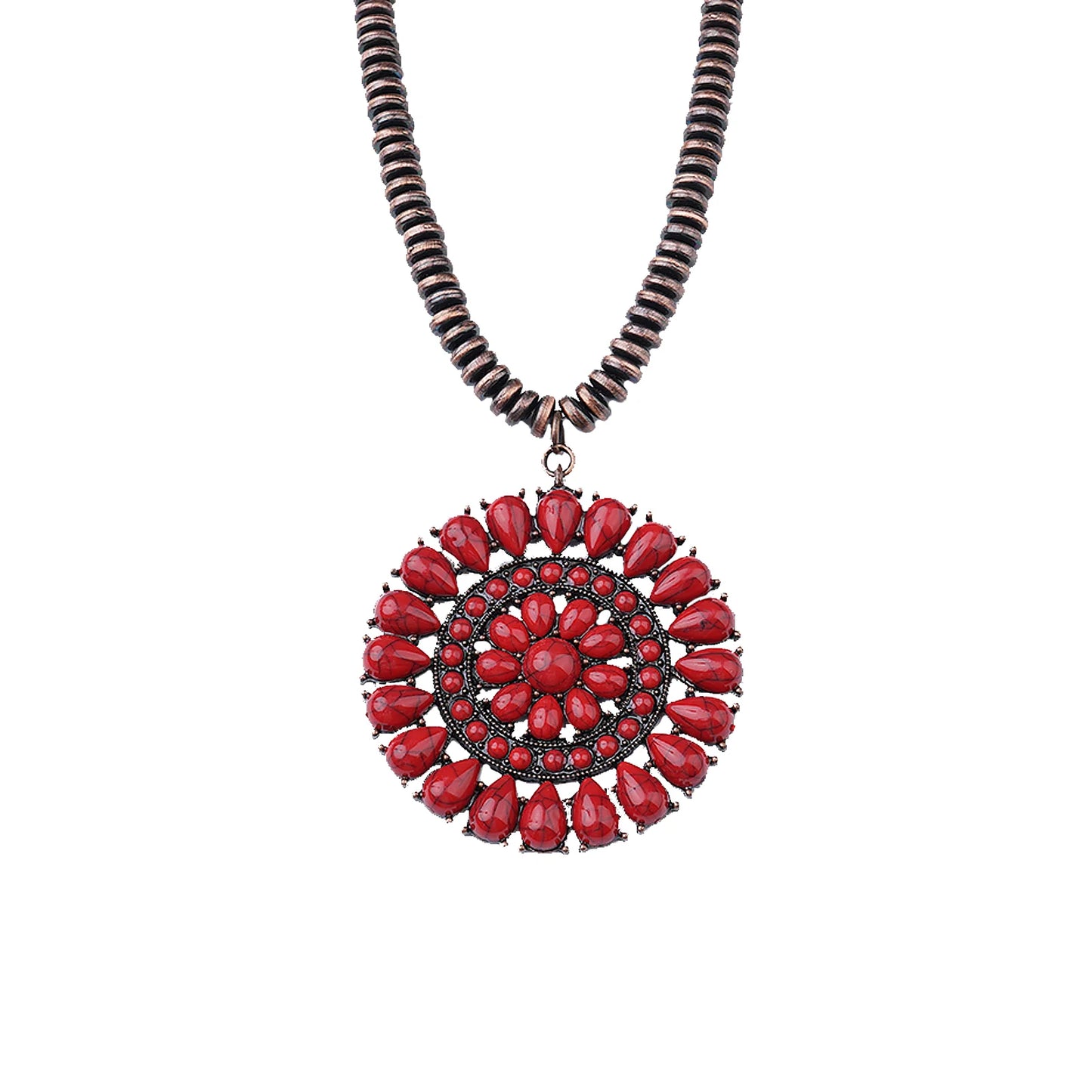 Bronze Beads With Red-Turquoise Stone Round Floral Shape Necklace