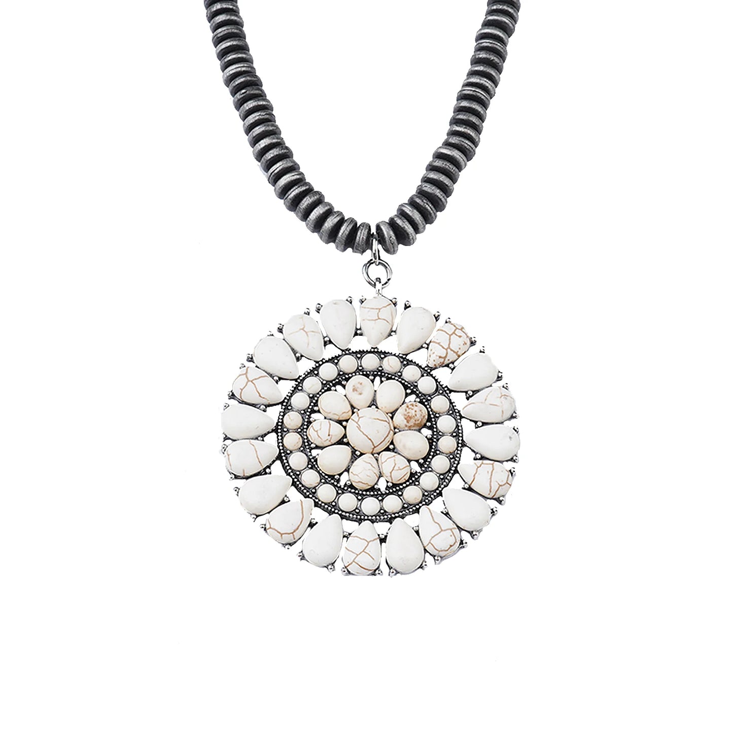 Silver Beads With White-Turquoise Stone Round Floral Shape Necklace
