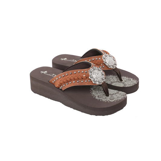 Mandala Silver Floral Rhinestones Concho Embroidered Wedge Western Flip-Flop