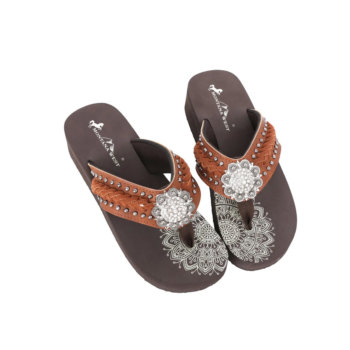 Mandala Silver Floral Rhinestones Concho Embroidered Wedge Western Flip-Flop