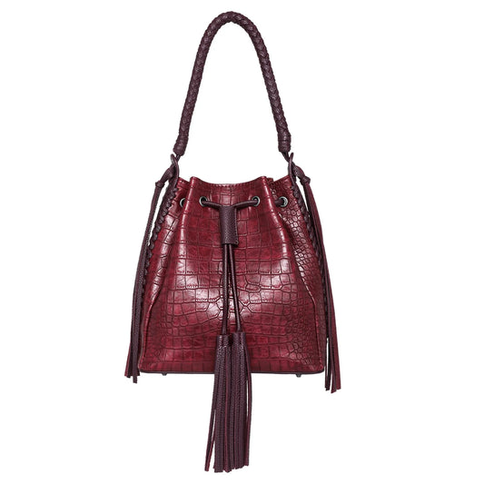 Wrangler Croc Embossed Drawstring Hobo Bag (Wrangler by Montana West) - Red