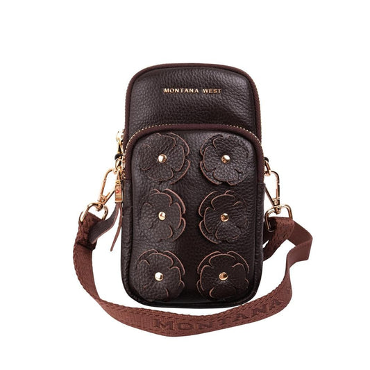 Montana West Real Leather Floral Applique Cellphone Crossbody Bag