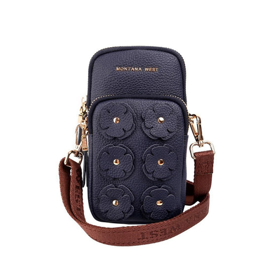 Real leather floral apllique cellphone crossbody