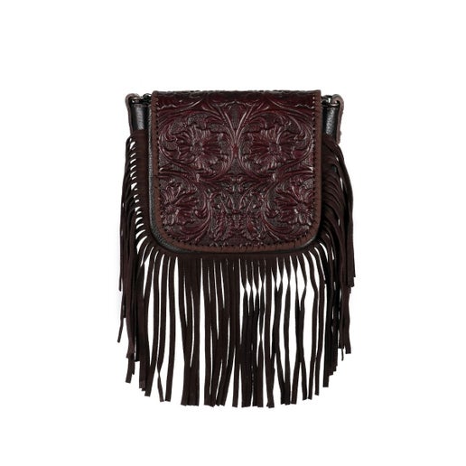 Dark Brown Embossed Leather Fringe Crossbody Bag