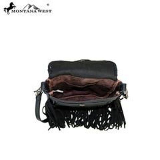 Dark Brown Embossed Leather Fringe Crossbody Bag