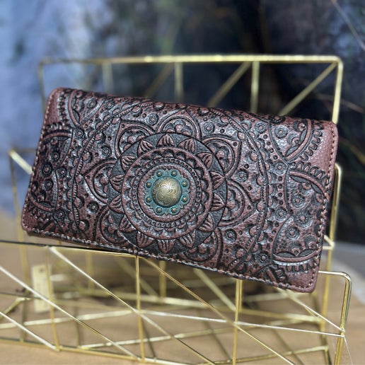 Dark brown leather embossed medallion wallet