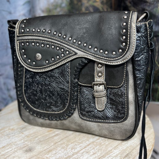 Studded Black Saddle Concealed Carry Hobo Bag