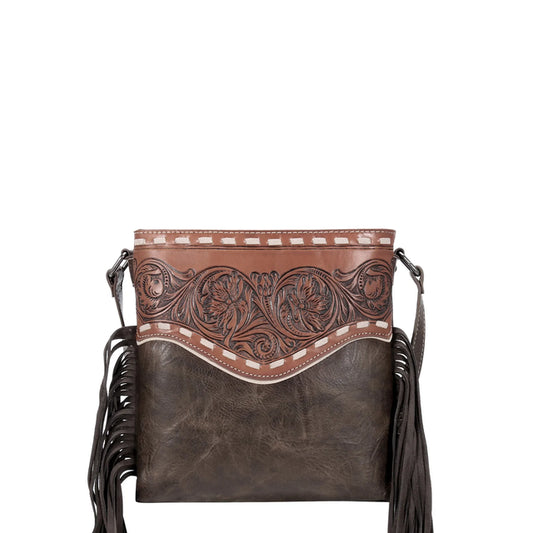 TRINITY RANCH VINTAGE FLORAL TOOLED LEATHER FRINGE CROSSBODY BAG